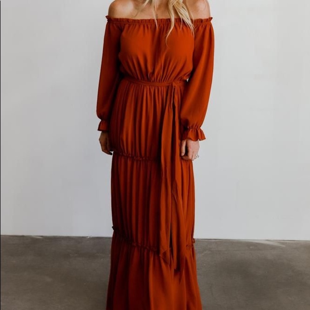 Baltic Born off the shoulder rust/burn orange maxi dress